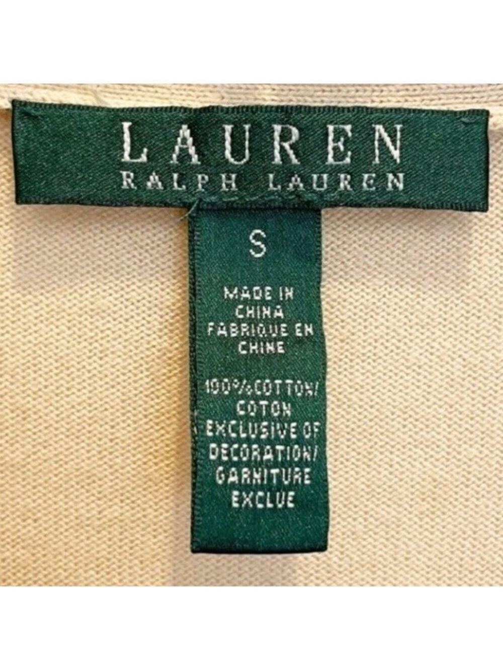 Lauren Ralph Lauren Beige Cotton V-Neck Logo Cardigan Sweater Women’s Size Small - Picture 12 of 15
